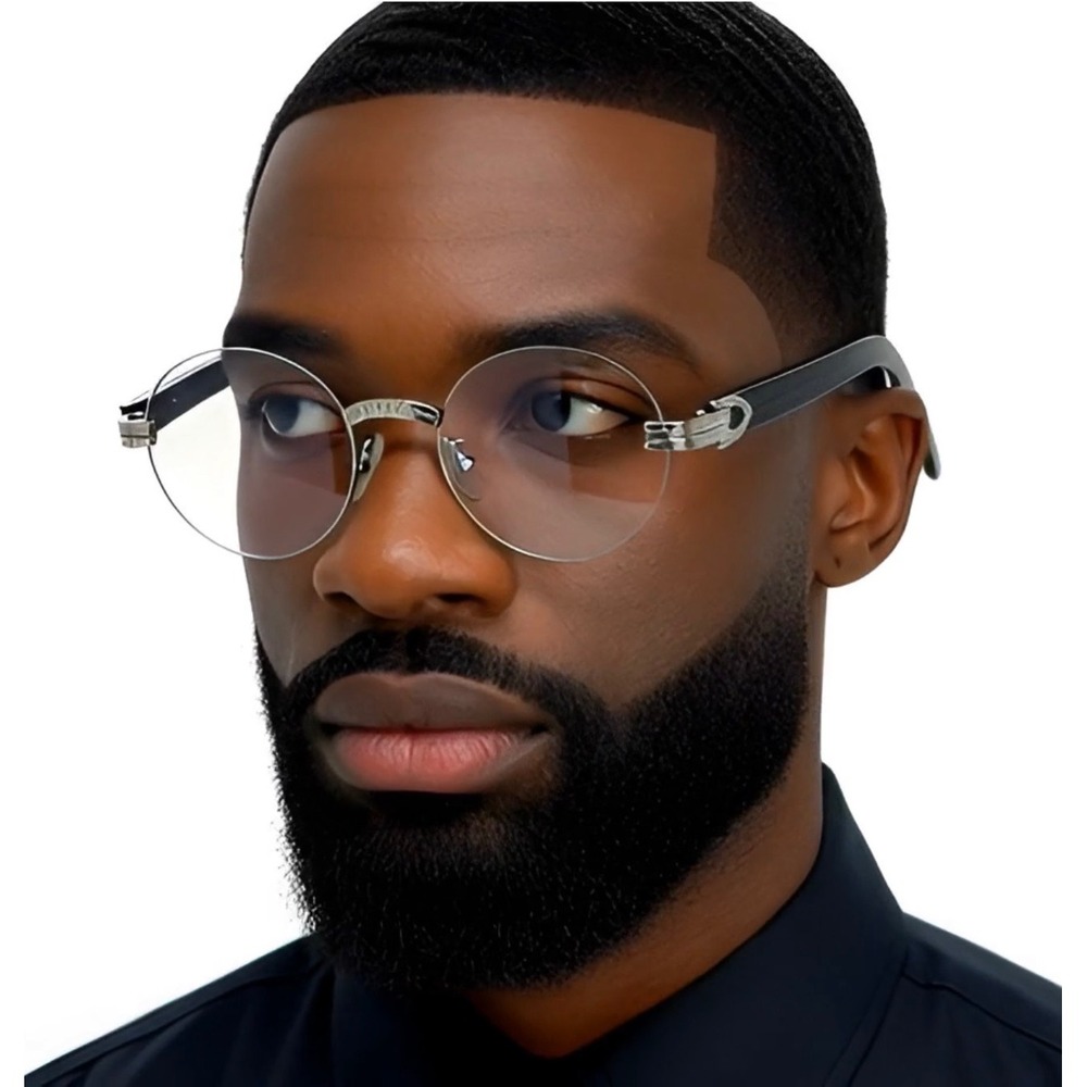 Rimless Round Sunglasses Silver Clear Lens Gold Accents Wood Arms Fashion Gafas‎